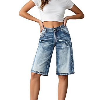 Womens Mid Rise Denim Bermuda Shorts Relaxed Fit Casual Jeans Shorts