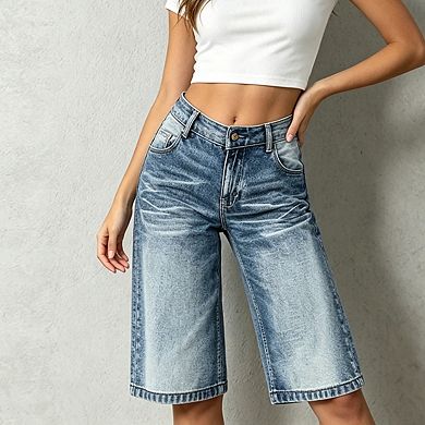 Womens Mid Rise Denim Bermuda Shorts Relaxed Fit Casual Jeans Shorts