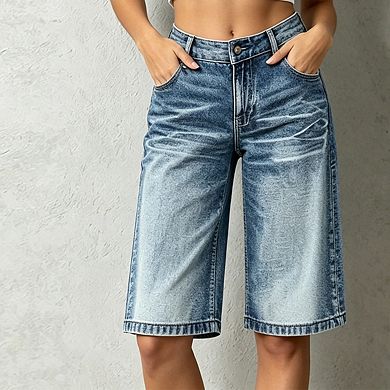Womens Mid Rise Denim Bermuda Shorts Relaxed Fit Casual Jeans Shorts