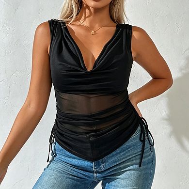 Womens Cowl Neck Mesh Tank Top Ruched Drawstring Sides Sleeveless Blouse