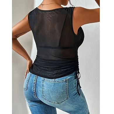 Womens Cowl Neck Mesh Tank Top Ruched Drawstring Sides Sleeveless Blouse