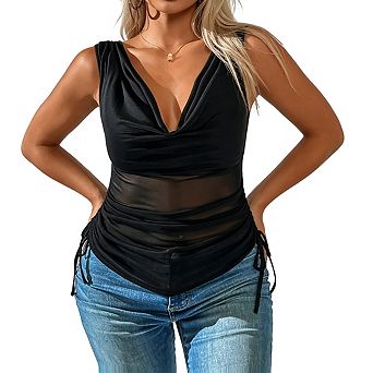 Womens Cowl Neck Mesh Tank Top Ruched Drawstring Sides Sleeveless Blouse