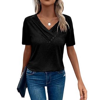 Women's V-Neck Short Sleeve T-Shirt, Ruched Neckline with Decorative Buttons Casual Top