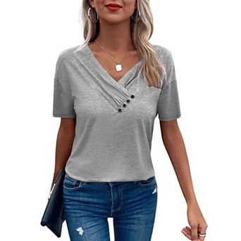 Women's V-Neck Short Sleeve T-Shirt, Ruched Neckline with Decorative Buttons Casual Top