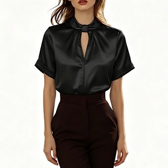 Women's Satin Keyhole Neck Blouse, Short Sleeve Stand Collar Cuffed Work Casual Shirt