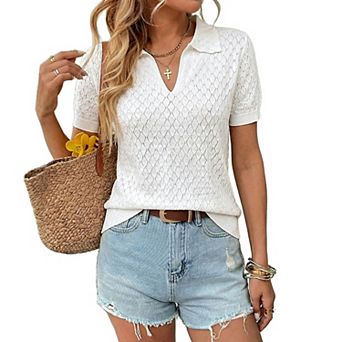 Women's Open-Knit Polo Neck Top, Short Sleeve V-Neck Casual Summer Knit Blouse