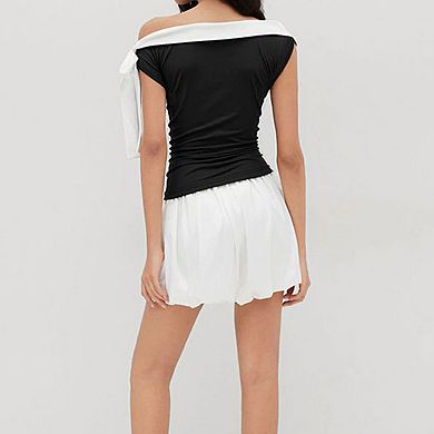 Womens Asymmetrical Off Shoulder Top With Bow Detail Fitted Casual Blouse