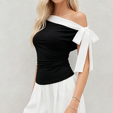 Womens Asymmetrical Off Shoulder Top With Bow Detail Fitted Casual Blouse