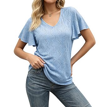 Womens Eyelet Embroidery V Neck Top Flutter Short Sleeves Slim Fit Casual Shirts
