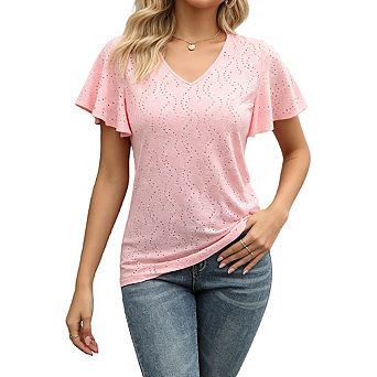 Womens Eyelet Embroidery V Neck Top Flutter Short Sleeves Slim Fit Casual Shirts