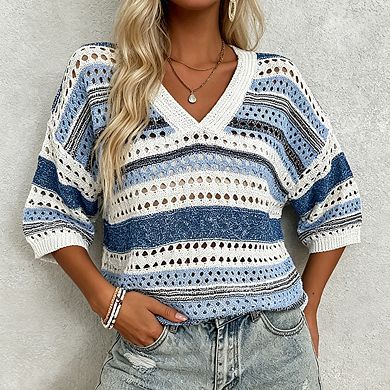 Womens Striped Openwork Knit Top V Neckline Elbow Length Sleeves Tops