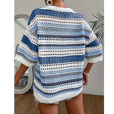 Womens Striped Openwork Knit Top V Neckline Elbow Length Sleeves Tops