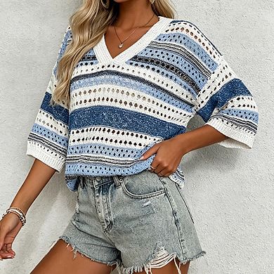 Womens Striped Openwork Knit Top V Neckline Elbow Length Sleeves Tops