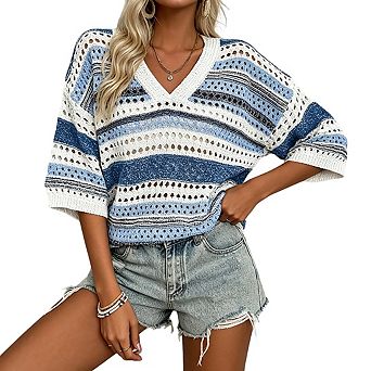 Womens Striped Openwork Knit Top V Neckline Elbow Length Sleeves Tops