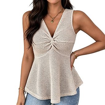 Womens Sleeveless Knit Peplum Top V Neck Front Twist Casual Tops