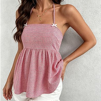 Womens Halter Neck Peplum Top Tie Back Open Back Casual Tops