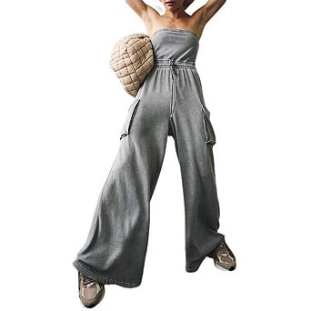 Women Casual Tube Top Romper Barrel Wide Leg One Piece Outfit with Pockets Jumpsuits