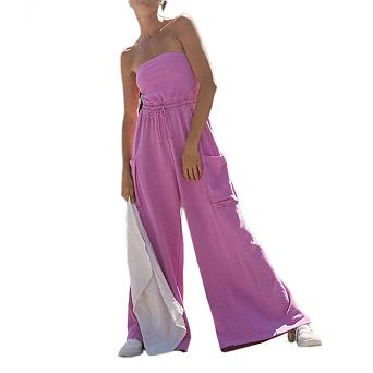 Women Casual Tube Top Romper Barrel Wide Leg One Piece Outfit with Pockets Jumpsuits