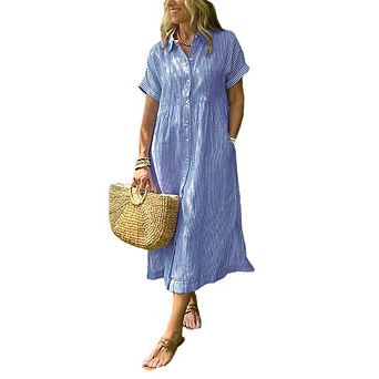 Women's Boho Striped Button Up Loose Midi Long Shirt Dress with Pockets