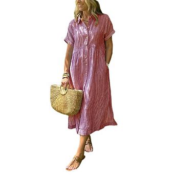 Women's Boho Striped Button Up Loose Midi Long Shirt Dress with Pockets