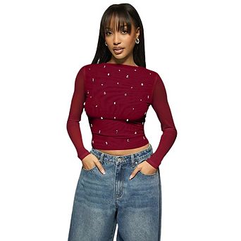Women Long Sleeve Crop Top See Through Shirt Glitter Going Out Tops