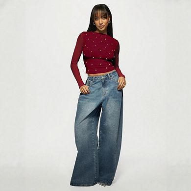 Women Long Sleeve Crop Top See Through Shirt Glitter Going Out Tops