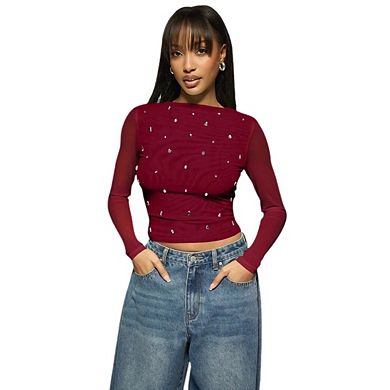 Women Long Sleeve Crop Top See Through Shirt Glitter Going Out Tops