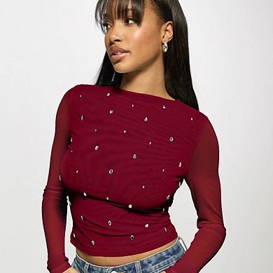 Women Long Sleeve Crop Top See Through Shirt Glitter Going Out Tops