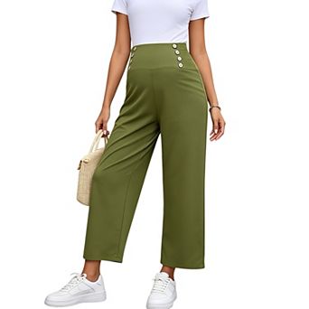 Women Maternity Pants Button Smocked Wide Leg Loose Casual Pregnancy Trousers