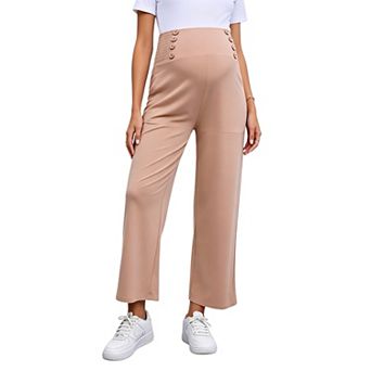 Women Maternity Pants Button Smocked Wide Leg Loose Casual Pregnancy Trousers