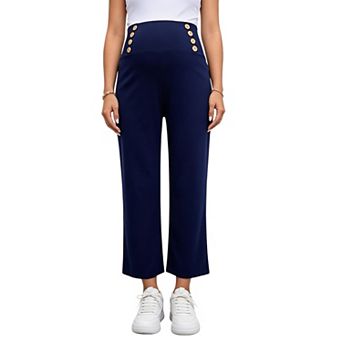 Women Maternity Pants Button Smocked Wide Leg Loose Casual Pregnancy Trousers