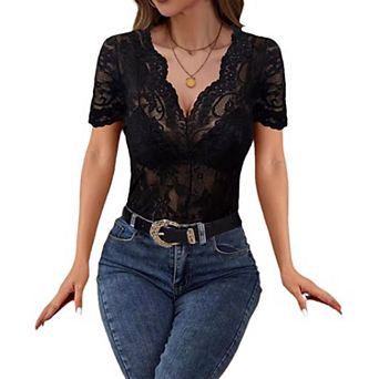 Women's V-Neck Lace Bodysuit, Short Sleeve Scalloped Trim Sheer Form-Fitting Blouse