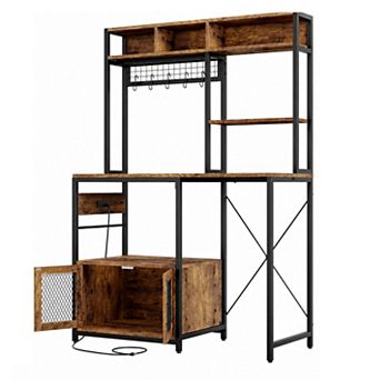 Kitchen Bakers Rack w/Refrigerator Storage, Bar Cabinet, Microwave Stand w/ Power Outlet &Storage