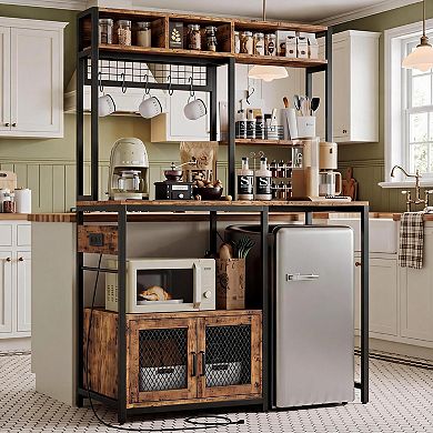 Kitchen Bakers Rack w/Refrigerator Storage, Bar Cabinet, Microwave Stand w/ Power Outlet &Storage