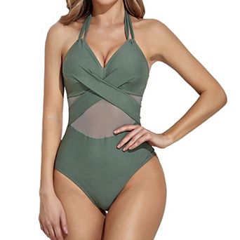 Women's Mesh Panel Halter One-Piece Swimsuit, Cross-Wrap Tummy Control Bathing Suit