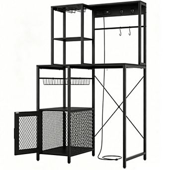 Industrial Microwave Stand with Power Outlet, Kitchen Bakers Rack