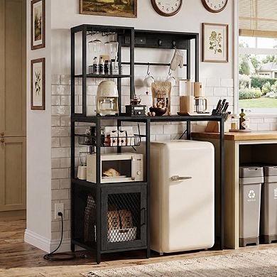 Industrial Microwave Stand with Power Outlet, Kitchen Bakers Rack