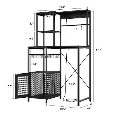 Industrial Microwave Stand with Power Outlet, Kitchen Bakers Rack