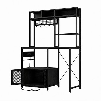 Kitchen Bakers Rack with Refrigerator Storage Space, Industrial Microwave Stand with Power Outlet