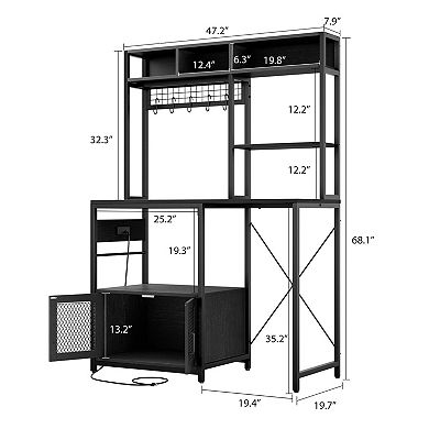 Kitchen Bakers Rack with Refrigerator Storage Space, Industrial Microwave Stand with Power Outlet