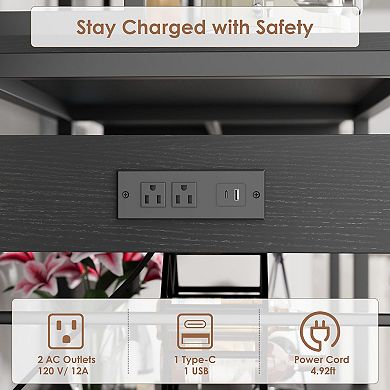 Kitchen Bakers Rack with Refrigerator Storage Space, Industrial Microwave Stand with Power Outlet