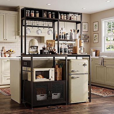 Kitchen Bakers Rack with Refrigerator Storage Space, Industrial Microwave Stand with Power Outlet