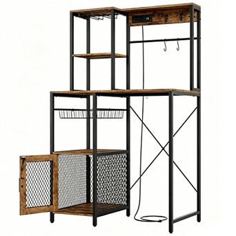 Bakers Rack w/Refrigerator Storage, Coffee Bar Cabinet with Power Outlet, Microwave Stand