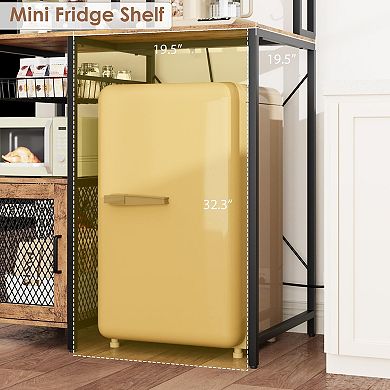 Bakers Rack w/Refrigerator Storage, Coffee Bar Cabinet with Power Outlet, Microwave Stand