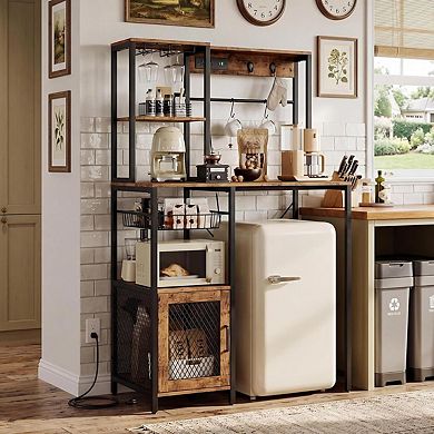 Bakers Rack w/Refrigerator Storage, Coffee Bar Cabinet with Power Outlet, Microwave Stand