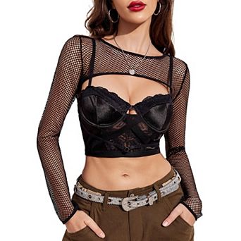 Avidlove Crop Top for Women Fishnet Long Sleeve Crop Top See Through Shirt Sheer Blouse
