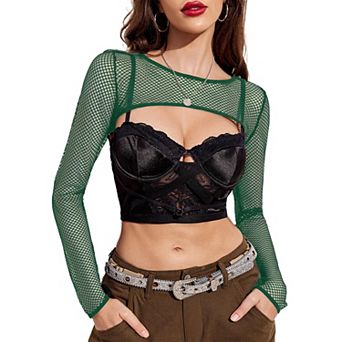Avidlove Crop Top for Women Fishnet Long Sleeve Crop Top See Through Shirt Sheer Blouse