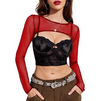 Avidlove Crop Top for Women Fishnet Long Sleeve Crop Top See Through Shirt Sheer Blouse