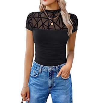 Avidlove Short Sleeve Bodysuit Turtle Neck Body Suits Mesh One Piece Going Out Tops Concert Outfits