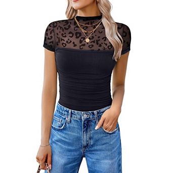 Avidlove Short Sleeve Bodysuit Turtle Neck Body Suits Mesh One Piece Going Out Tops Concert Outfits